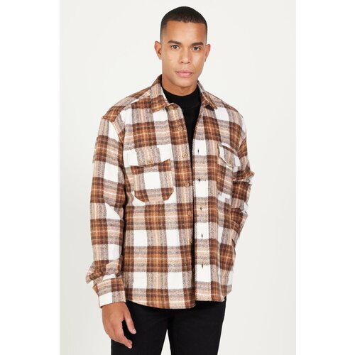 AC&Co / Altınyıldız Classics Men's Ecru Brown Oversize Wide Cut Buttoned Collar Pocket Checkered Lumberjack Winter Shirt Jacket Slike