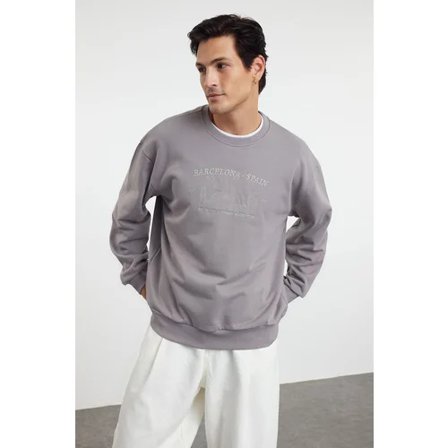 Trendyol Gray Oversize/Wide Cut City Embroidered Sweatshirt