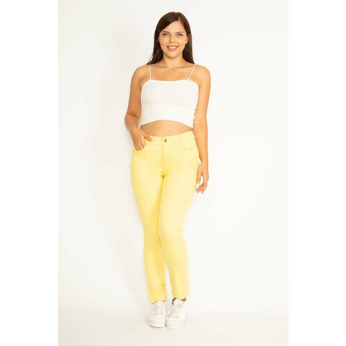 Şans Women's Plus Size Yellow Lycra Gabardine Fabric 5-Pocket Trousers with Elastic Side Belt Slike