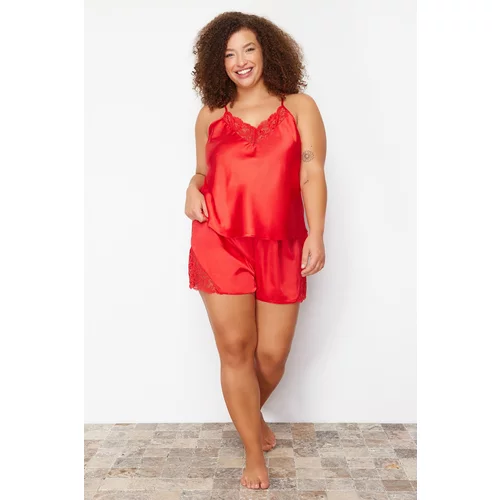 Trendyol Curve Red Lace Detailed Satin Woven Pajamas Set
