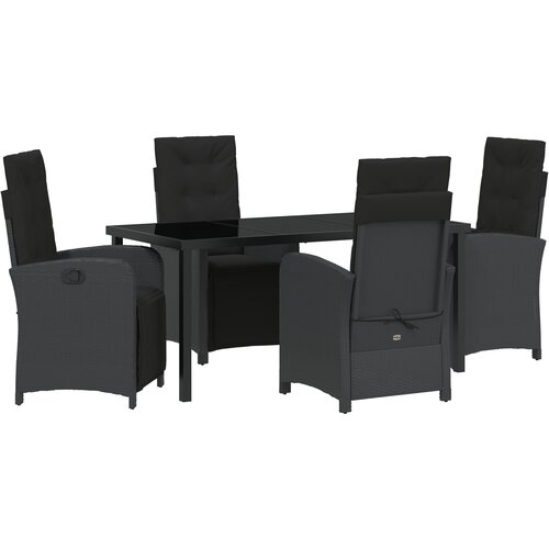 VidaXL 5-dijelni set za objedovanje u vrtu s jastucima Crni poli ratan, vrtni stol Crni 160x80x73 cm staklo otporno na visoke temperature Slike