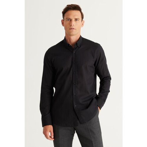 AC&Co / Altınyıldız Classics Men's Black Tailored Slim Fit Slim-fit Oxford Buttoned Collar Linen-Looking 100% Cotton Flared Shirt. Cene