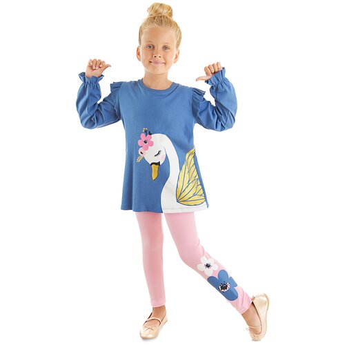 Denokids Swan Girl's Navy Blue T-shirt Pink Tights Set Slike