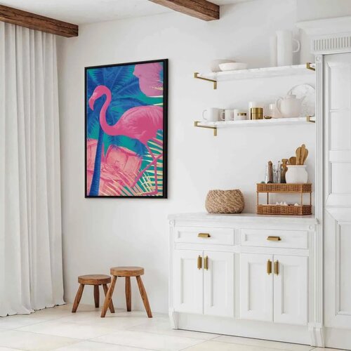  Slika - Pink Flamingo - Abstract Flamingo Against Palms and Ice Cubes 80x120 U crnom drvenom okviru Slike