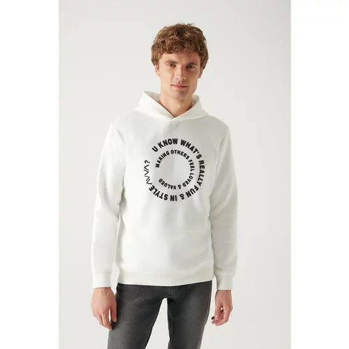 Avva Men's White Hooded 3 Thread Fleece Inside Printed Standard Fit Regular Cut Sweatshirt