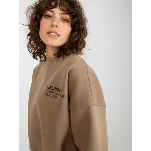 Fashionhunters Dark beige short hooded sweatshirt with a round neckline
