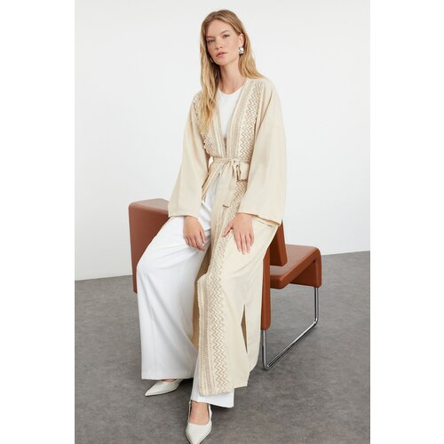 Trendyol beige linen look woven cap & abaya & abaya with embroidery detail Slike