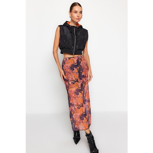 Trendyol Orange Patterned Maxi Length Lace Detail Tulle Stretch Knitted Skirt Slike