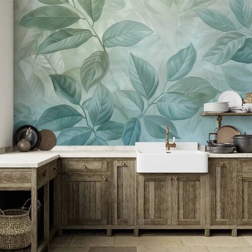  Foto tapeta - Large Leaves in Shades of Green-Mint: Botanical Motif 150x105 Cene
