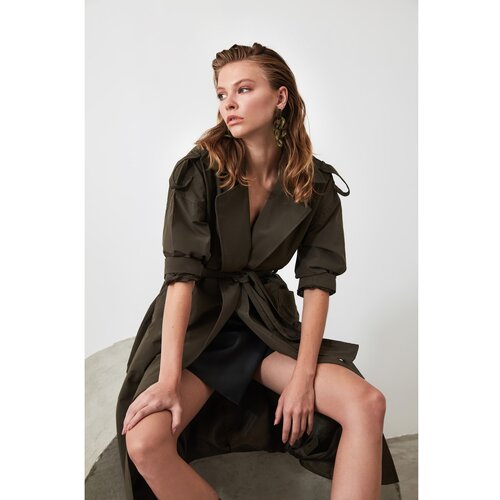 Trendyol Khaki Oversize Belted Epaulette Detailed Long Trench Coat Slike