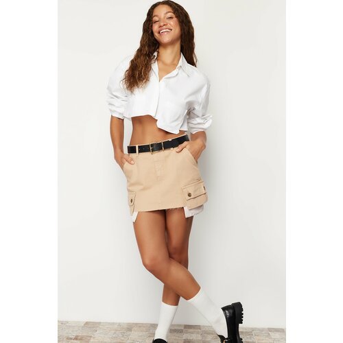Trendyol Beige Cargo Pocket Low Waist Mini Denim Skirt Slike