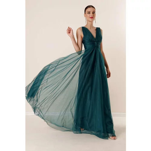 By Saygı V-Neck Low-Collecture Draped Front Long Tulle Dress with Linen Emerald