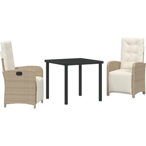 vidaXL 3-dijelni vrtni blagovaonski set s jastučićima bež poli ratan, vrtni stol crni 80x80x73 cm od kaljenog stakla Cijene