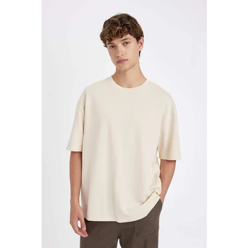 Defacto Men's Beige Oversize Fit Wide Cut Crew Neck Heavy Fabric Short Sleeve Basic T-Shirt