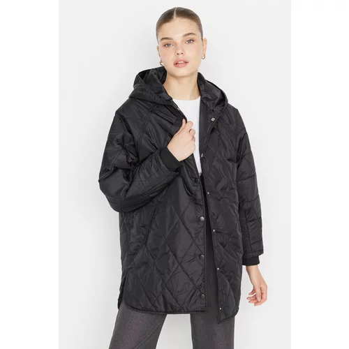 Trendyol Black Oversize Hooded Snap Closure Quilted Coat