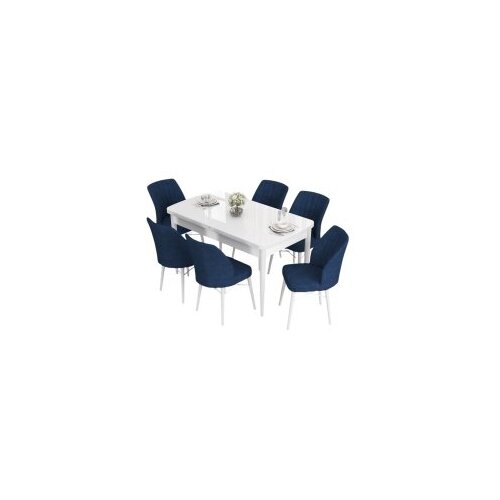 Hanah home eva - white, navy blue whitenavy blue extendable dining table & chairs set (7 pieces) Cene