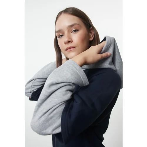 Trendyol Navy Blue Color Blocked Oversize/Wide Fit Hooded Sleeve Detailed Thick Knitted Sweatshirt