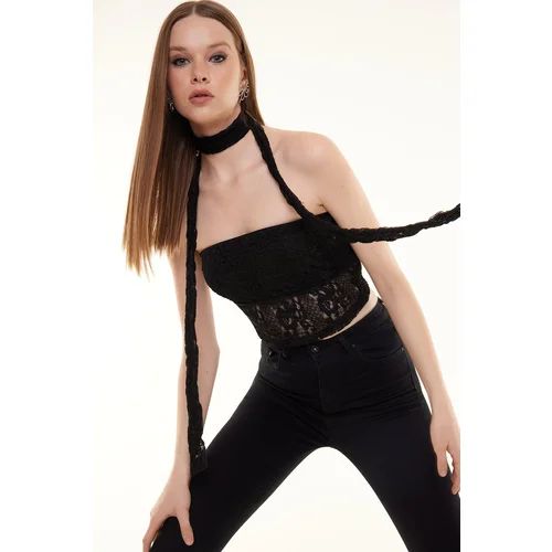 Trendyol Black Collar Shawl Detail Fitted Lace Elastic Crop Knitted Blouse