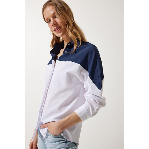 Women's Navy Blue White Block Color Boyfriend Shirt Slike