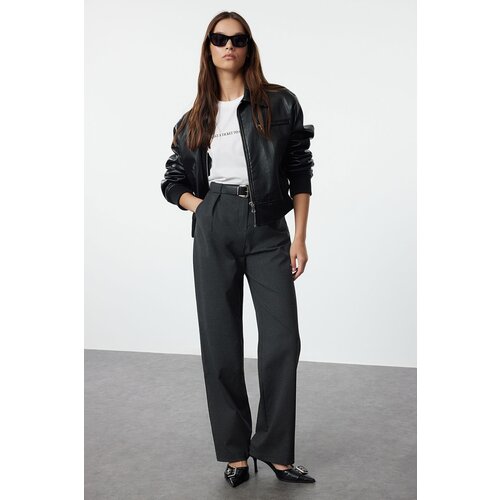 Trendyol Anthracite Belted Straight Cut Woven Trousers Cene