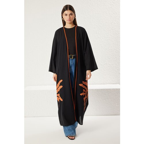 Trendyol Black Palm Patterned Piping Detailed Weaving 100% Cotton Kimono Cene