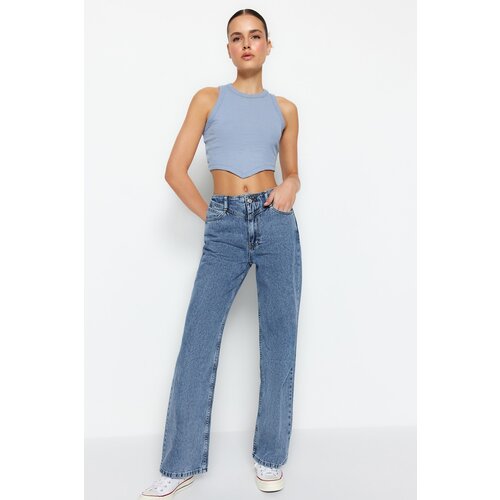 Trendyol Dark Blue Waist Detailed High Waist 90's Wide Leg Jeans Cene