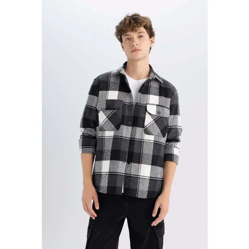 Defacto Men's Black Relax Fit Relaxed Cut Plaid Lumberjack Flannel Cotton Long Sleeve Shirt