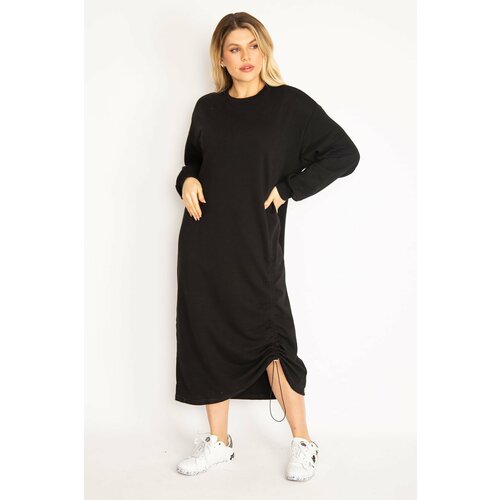 Şans Women's Plus Size Black Gathered Detailed Sweatshirt Dress Cene