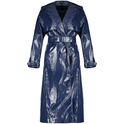 Trendyol Navy Blue Oversize Wide Cut Patent Leather Trench Coat