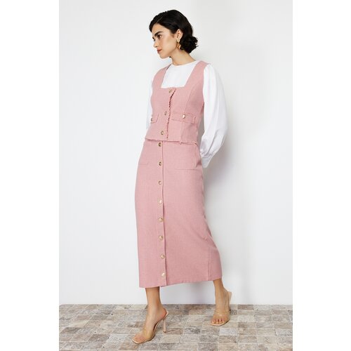 Trendyol Fuchsia Tweed Vest Skirt Woven Bottom Top Set Slike