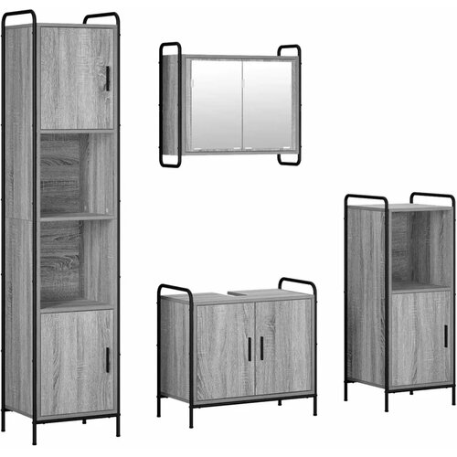  Set ormarića za kupaonicu 4 kom. Siva Sonoma 40 x 36 x 181 cm - Siva Sonoma Ormarić ispod sudopera (2 vrata) + viseći ormarić + Slike