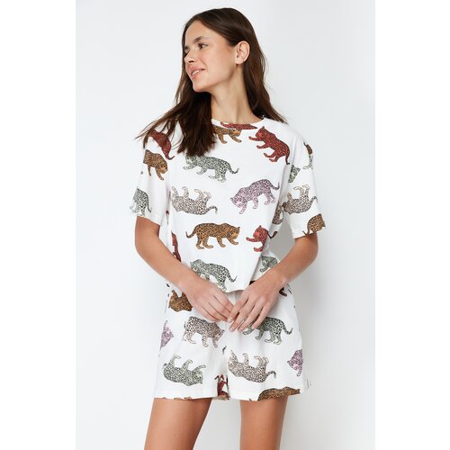 Trendyol Ecru 100% Cotton Animal Pattern Knitted Pajamas Set Cene