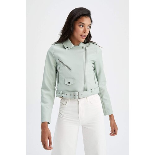 Defacto Water Repellent Relax Fit Faux Leather Crop Biker Jacket With Belt Slike