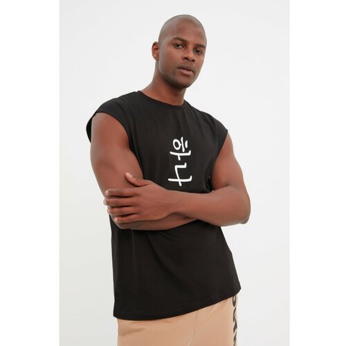 Trendyol Black Men's Oversize Fit Crew Neck Zero Sleeve Printed Singlet Slike
