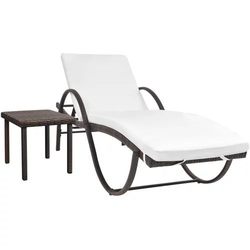vidaXL Ležaljka za sunčanje s jastukom i stolom poliratan smeđa