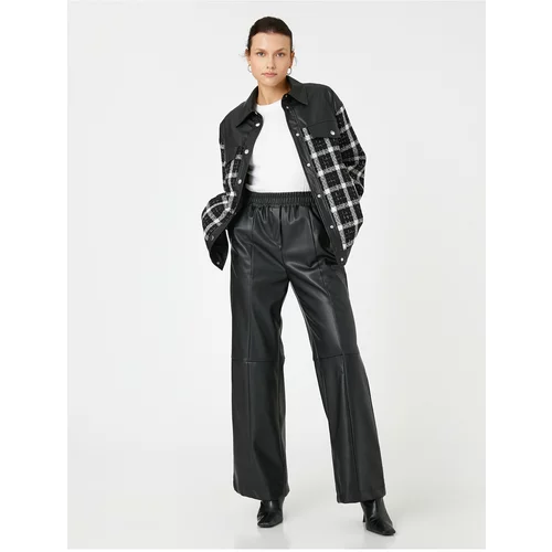 Koton Wide Leg Faux Leather Trousers Stitching Detail