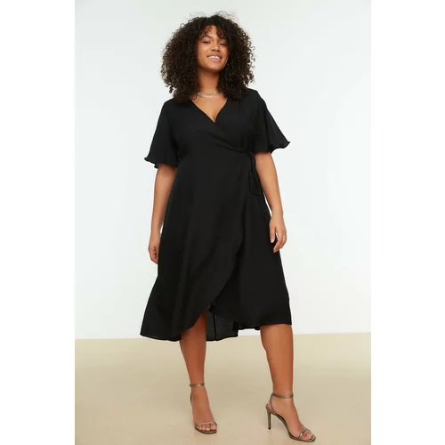 Trendyol Curve Black Plain Wrapped Midi Plus Size Weaving Dress