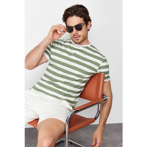 Trendyol men's gray regular/normal fit buttoned collar striped 100% cotton t-shirt Cene