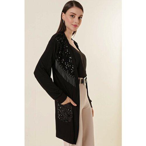 By Saygı Sequins And Chain Detail Lycra Cardigan With Pockets Black. Slike