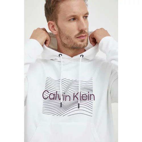 Calvin Klein Bombažen pulover moška, bela barva, s kapuco