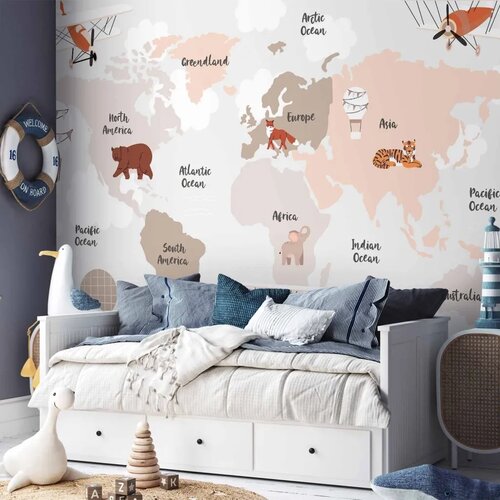  Foto tapeta - Map in Shades of Beige - Continents With Animals 250x175 Standard Slike