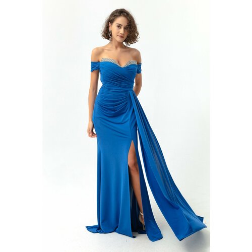 Lafaba Women's Blue Collar with Stones and Tail Long Evening Dress Cene