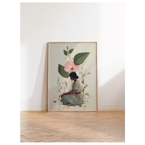 Wallxpert uramljena slika 115240, žena u zelenoj haljini ispod ružičastog cveta divlje ruže, 50 x 70 cm, ram u boji prirodnog drveta Slike