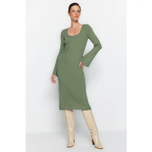 Trendyol Khaki Midi Knitwear Basic Dress with Sleeves Detailed