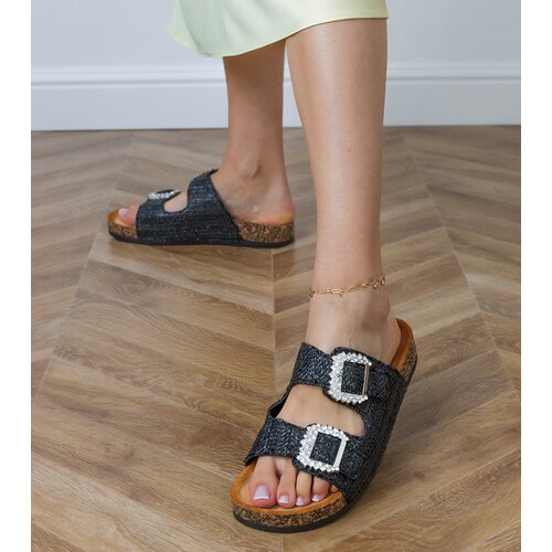 D/CEO Black sandals with cork soles and rhinestones on the buckles Tea Cene