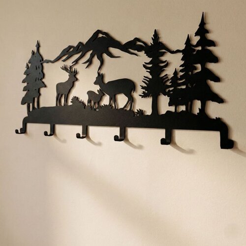 Wallxpert metalni zidni čiviluk 3004, &amp;scaron;umski pejzaž sa jelenom, ko&amp;scaron;utom i laneom, 60 x 32 cm, crni Slike