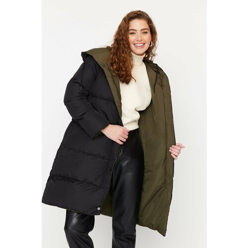 Trendyol Black-Khaki Oversize Double-Sided Hooded Water-repellent Long Puffer Coat Cene