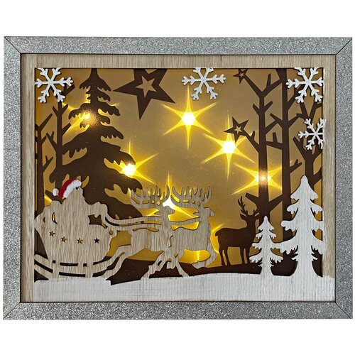 Denis led drvena dekoracija deda mraz i irvasi 30x24 cm braon Slike