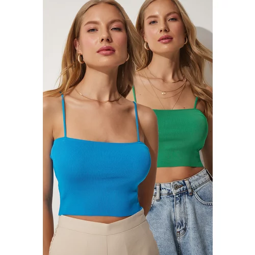 Happiness İstanbul Women's Green Blue Double-strapped Crop Knitwear Blouse