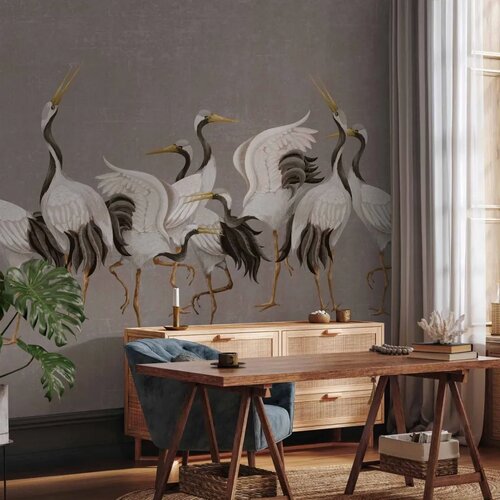  Foto tapeta - Crane dance &amp;ndash; bright silhouettes of birds against a warm grey background with texture 150x105 Premium Slike
